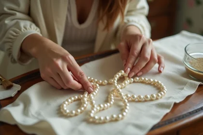 Femme entretenant un collier de perles de mariage avec un chiffon doux sur une coiffeuse en bois vintage