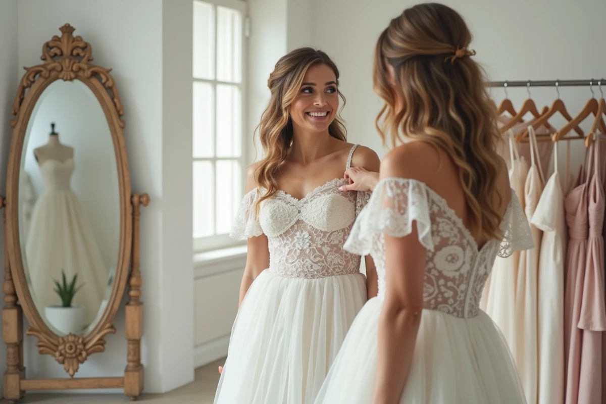 Future mariée essayant une robe bohème à dentelle dans une boutique de mariage lumineuse, reflet dans un miroir vintage, ambiance épurée