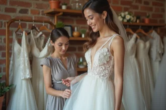Jeune mariée en robe de mariée en dentelle essayée dans une boutique sur mesure avec une couturière professionnelle