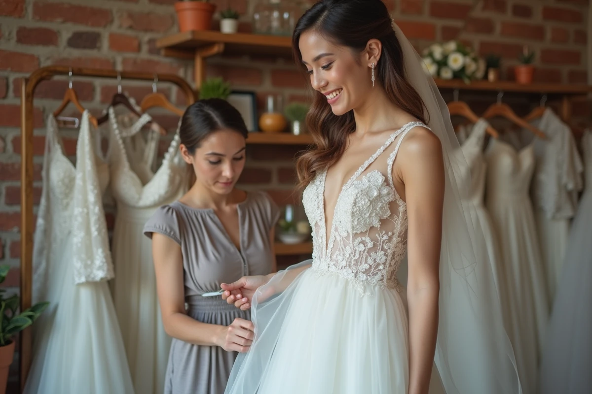 Jeune mariée en robe de mariée en dentelle essayée dans une boutique sur mesure avec une couturière professionnelle