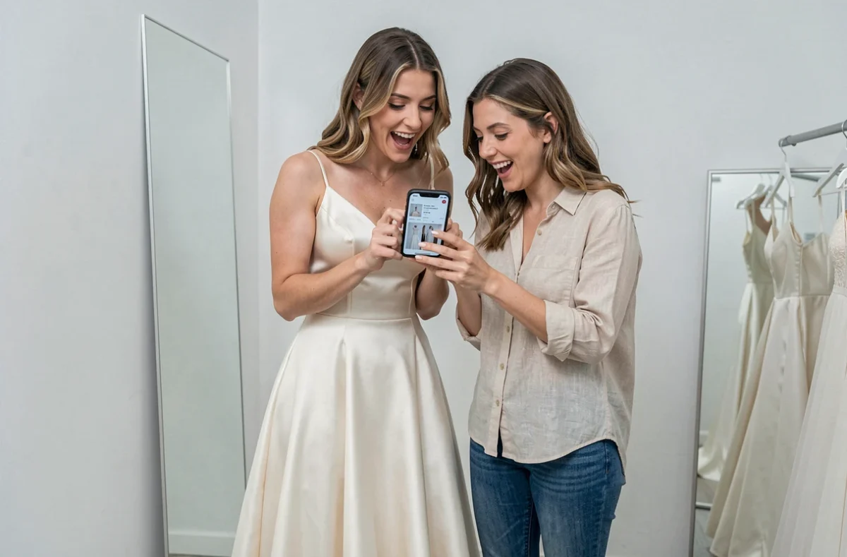 Deux amies comparant des robes de mariée abordables sur smartphone dans une cabine d'essayage minimaliste