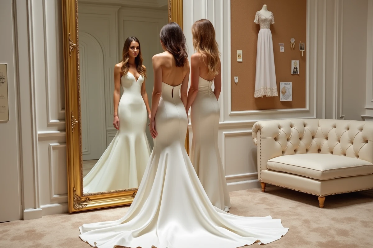 Mariée et styliste comparant les détails d'une robe de mariage devant un miroir dans une cabine d'essayage luxueuse