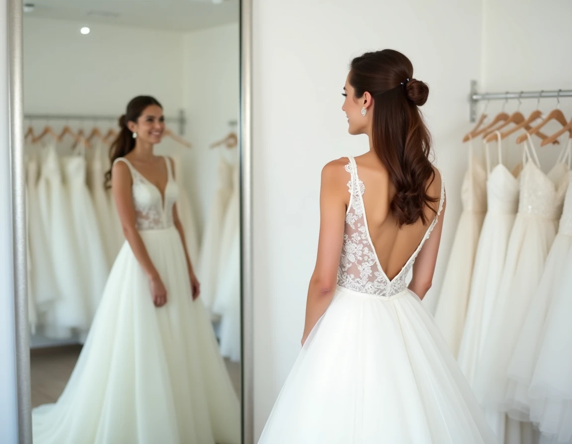 Femme essayant une robe de mariée lors d'un déstockage dans une boutique minimaliste