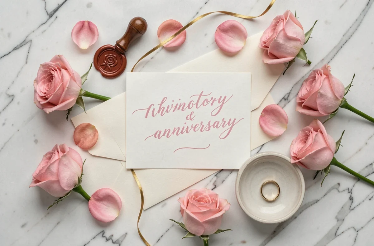 Flat lay élégant d'une invitation faire-part anniversaire noces de rose 17 ans avec calligraphie et roses fraîches sur marbre