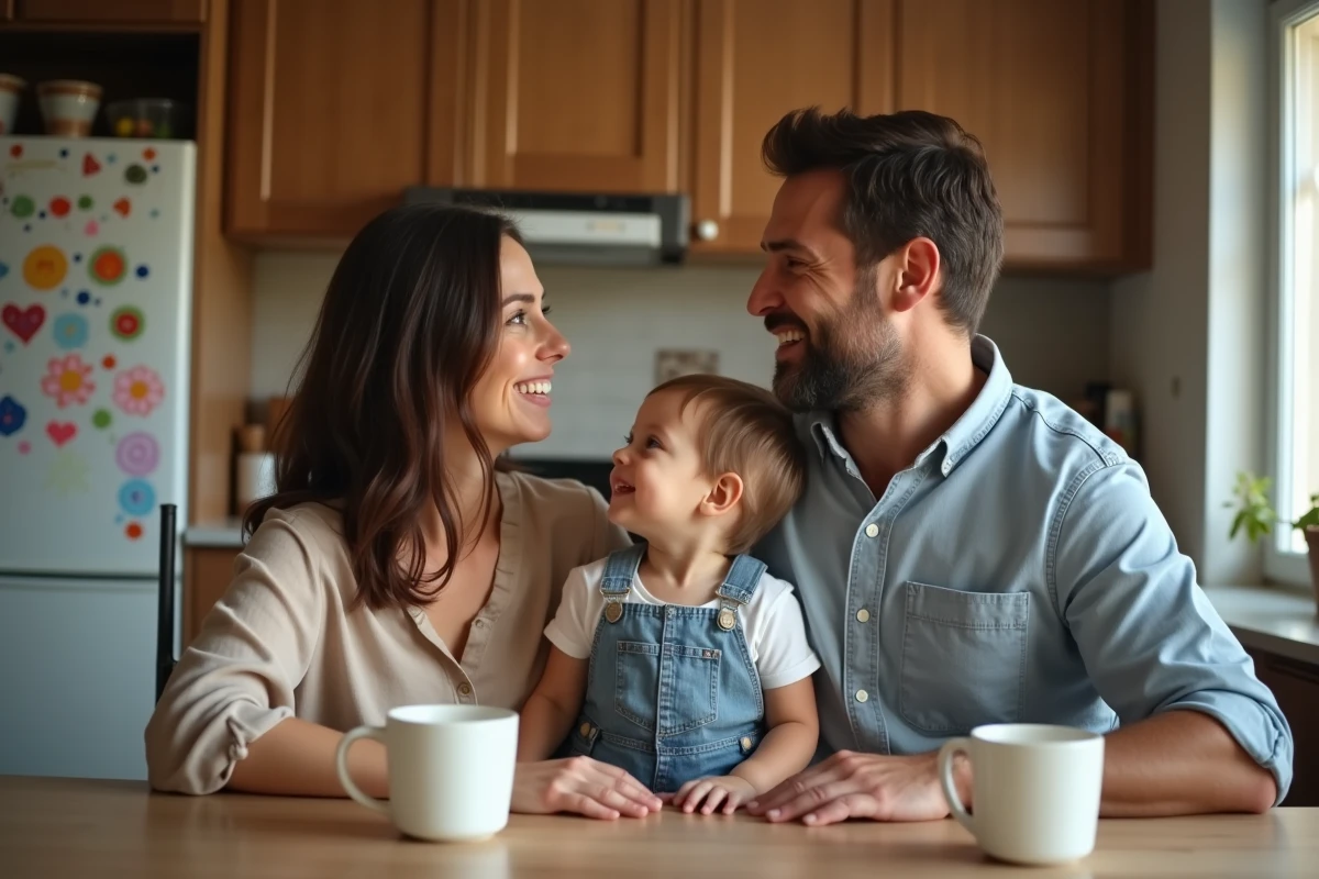 Famille r&eacute;unie &agrave; la table de cuisine avec un enfant