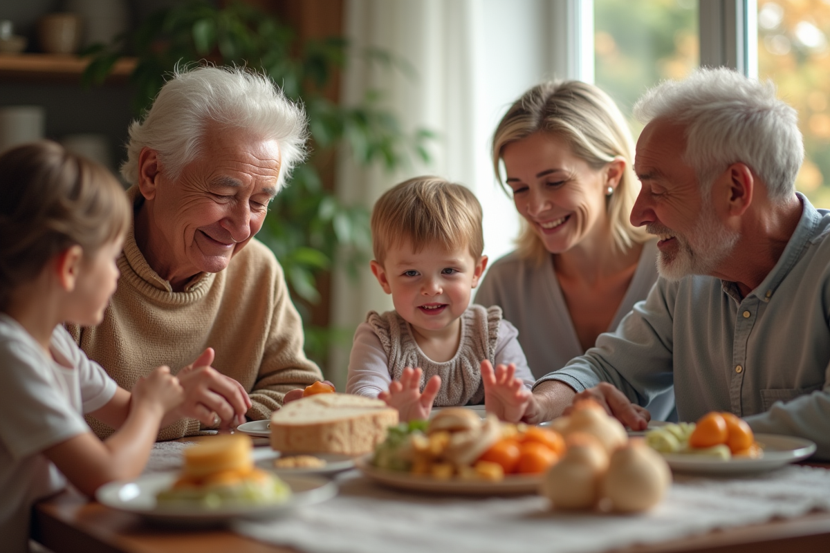Trois générations de famille réunies autour d un dîner chaleureux
