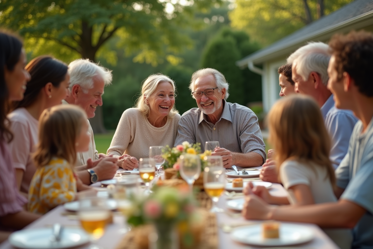 Famille nombreuse réunie dans un jardin ensoleille