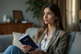 Jeune femme anxieuse avec passeport et dossier en intérieur