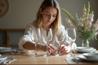 Jeune femme arrangeant des verres à vin en intérieur