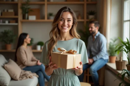Femme souriante avec cadeau dans un salon chaleureux