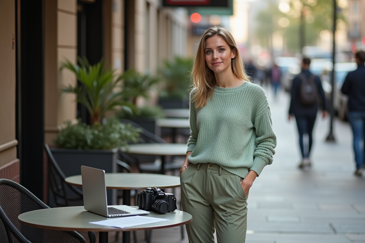 Femme discutant avec un client dans un café urbain