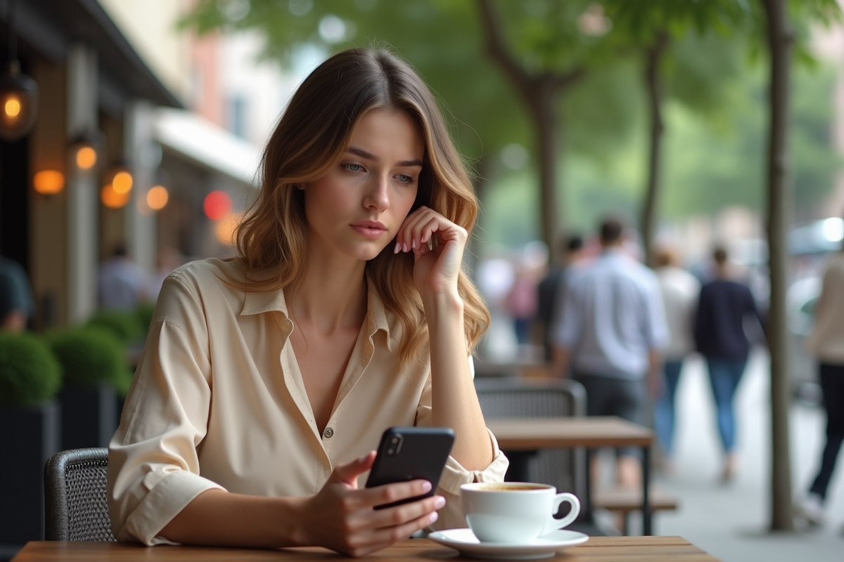 Jeune femme au café regardant son téléphone en ville
