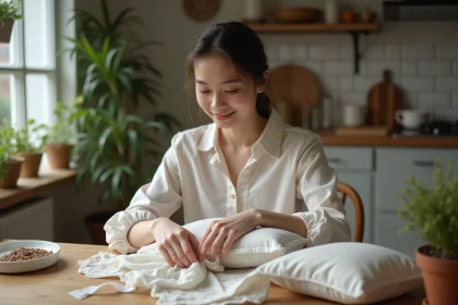 Jeune femme cousant un oreiller brode avec douceur