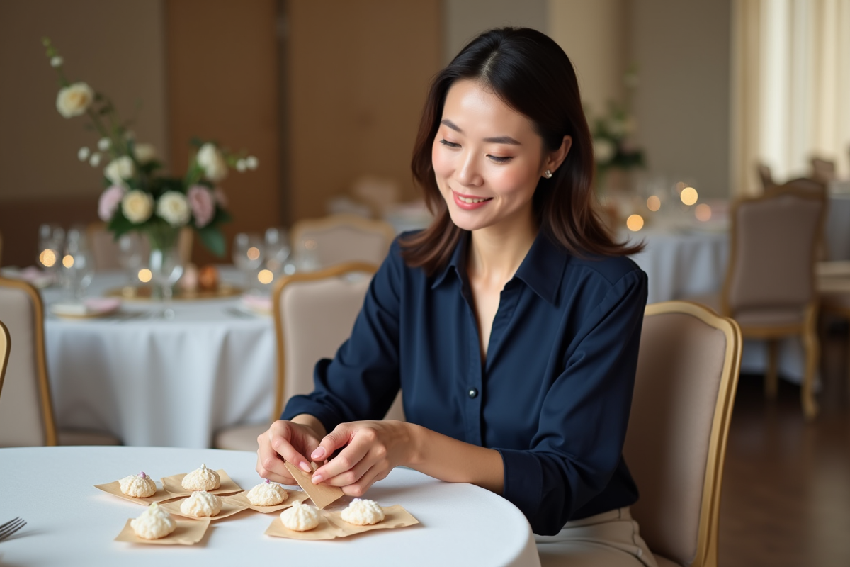 Femme élégante arrangeant des dragées pastel dans une salle raffinée