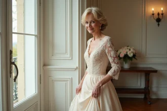 Femme élégante en robe de mariée champagne dans un appartement parisien