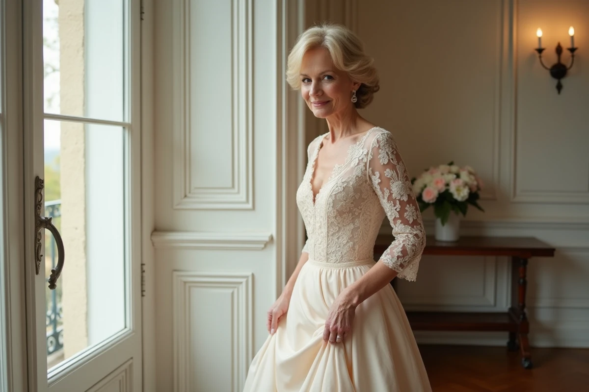 Femme élégante en robe de mariée champagne dans un appartement parisien