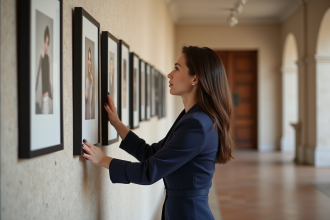 Femme élégante accrochant des cadres sur un mur sophistiqué