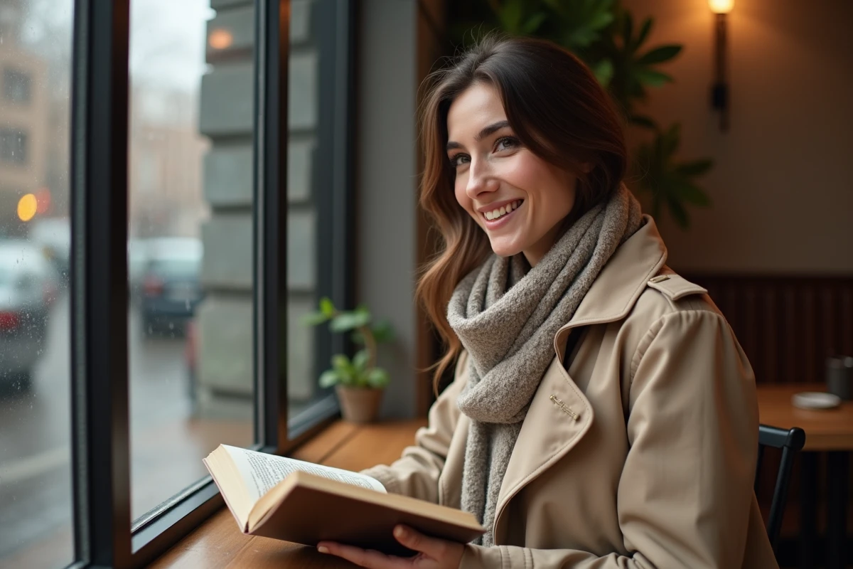 Jeune femme lisant un livre pr&egrave;s d une fen&ecirc;tre de caf&eacute;