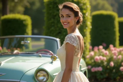 Femme souriante en robe de mari&eacute;e vintage dans un jardin romantique
