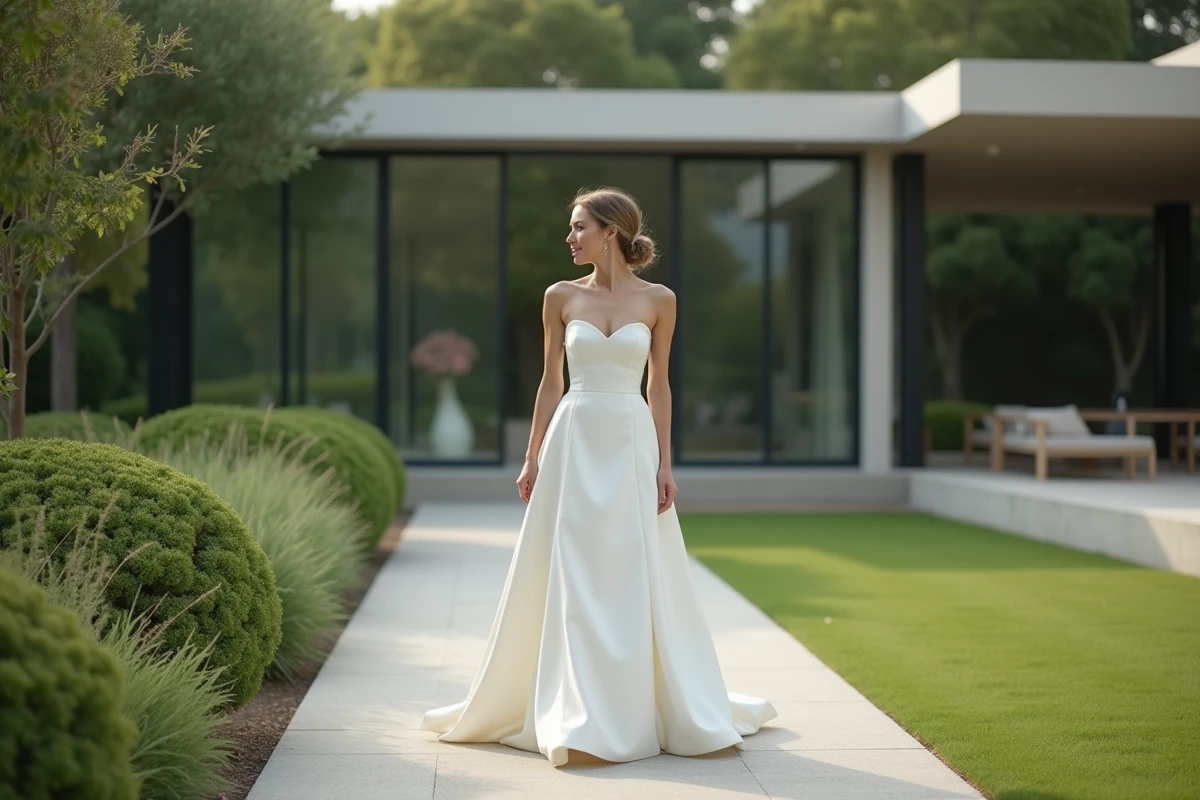 Femme en robe de mari&eacute;e minimaliste dans un jardin moderne