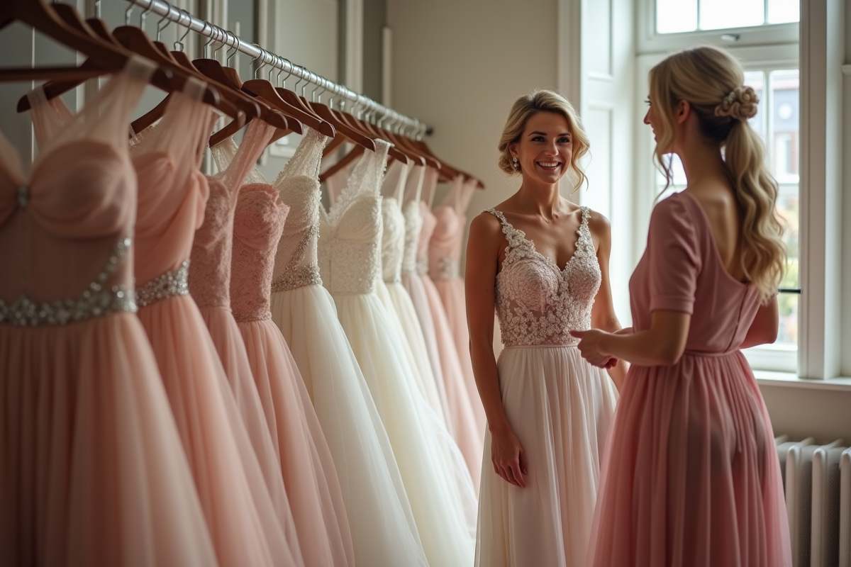 Femme mature essayant différentes robes de mariée dans une boutique lumineuse