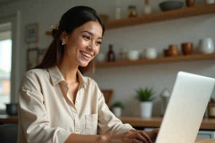 Femme consultant un site de robes de mariage pas cher sur son ordinateur portable à la maison