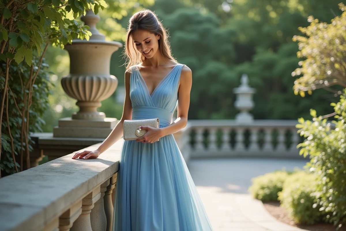 Femme en robe bleue ajustant ses talons lors d'un mariage