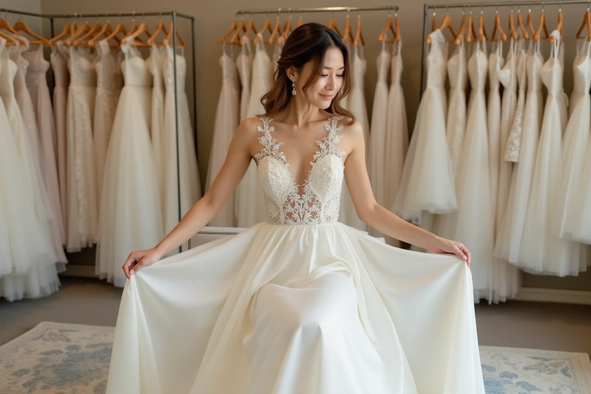 Femme ajustant sa robe de mariée dans une boutique élégante