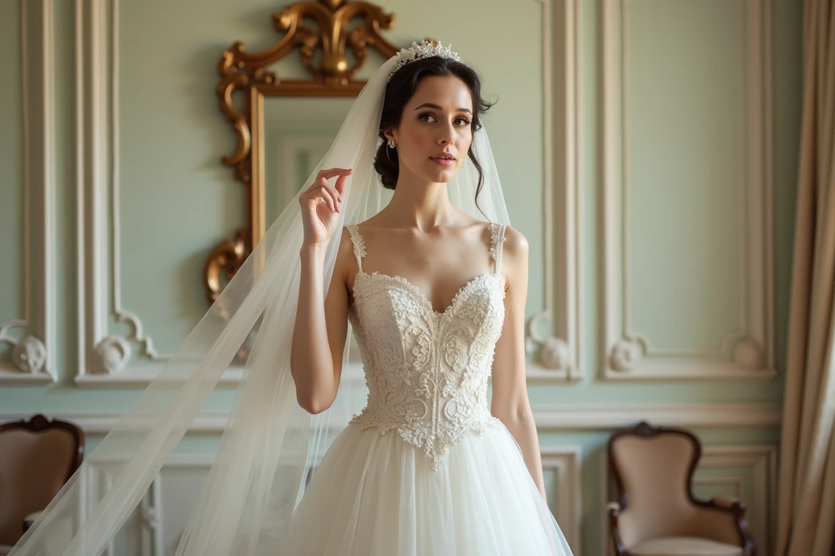 Femme ajustant son voile dans un appartement parisien vintage