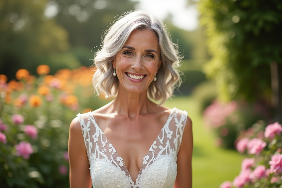 Femme mature souriante en robe de mariée dans un jardin ensoleille