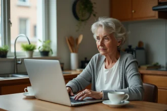 Femme seule d'âge mûr consultant un site de rencontres pour voisins sur son ordinateur portable dans sa cuisine