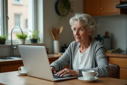 Femme seule d'&acirc;ge m&ucirc;r consultant un site de rencontres pour voisins sur son ordinateur portable dans sa cuisine
