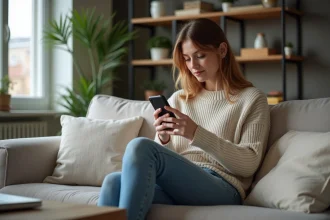 Femme dans la trentaine regardant son smartphone dans un salon