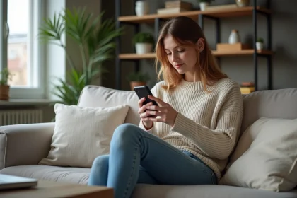 Femme dans la trentaine regardant son smartphone dans un salon