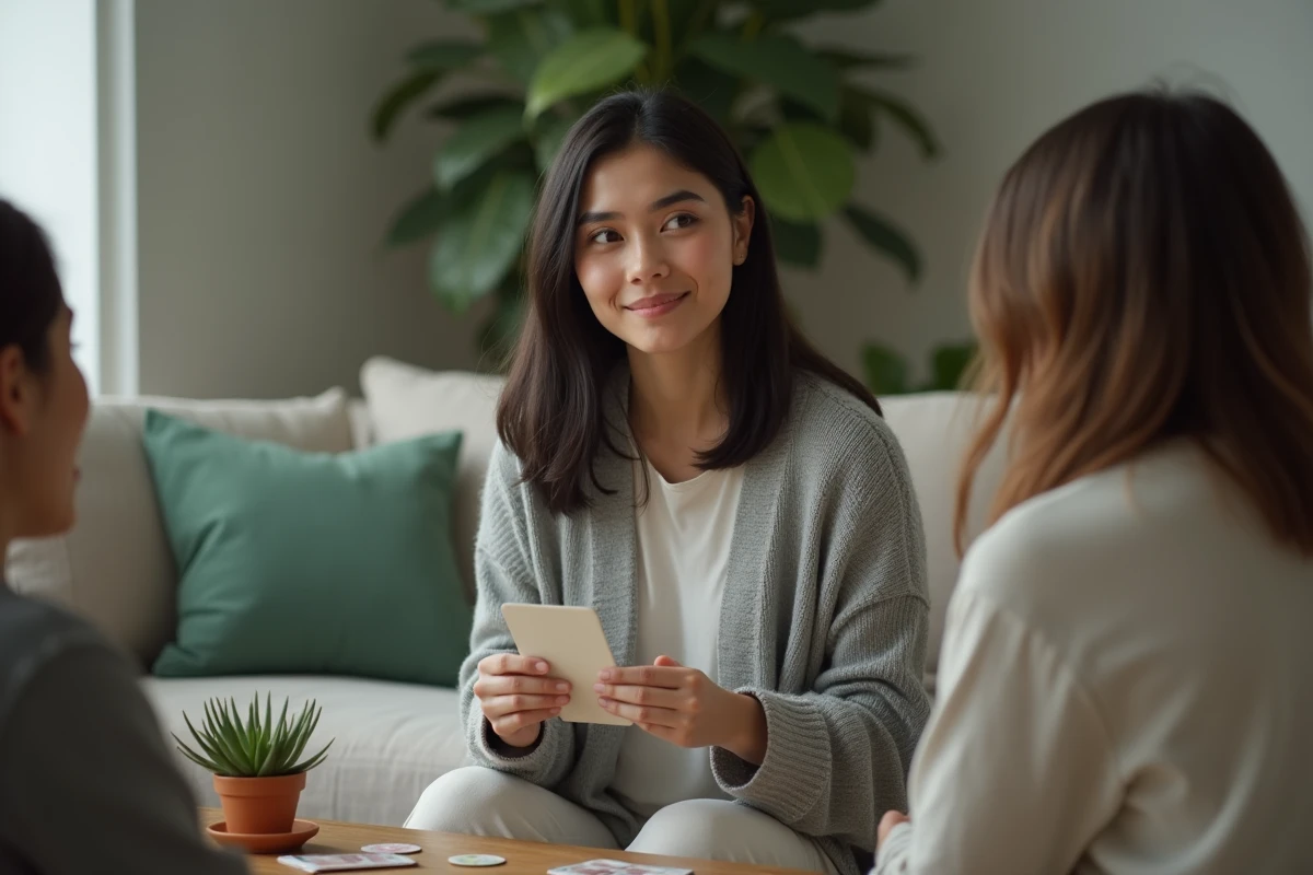 Femme timide tenant une carte de jeu lors d'une animation conviviale entre invités dans un salon moderne