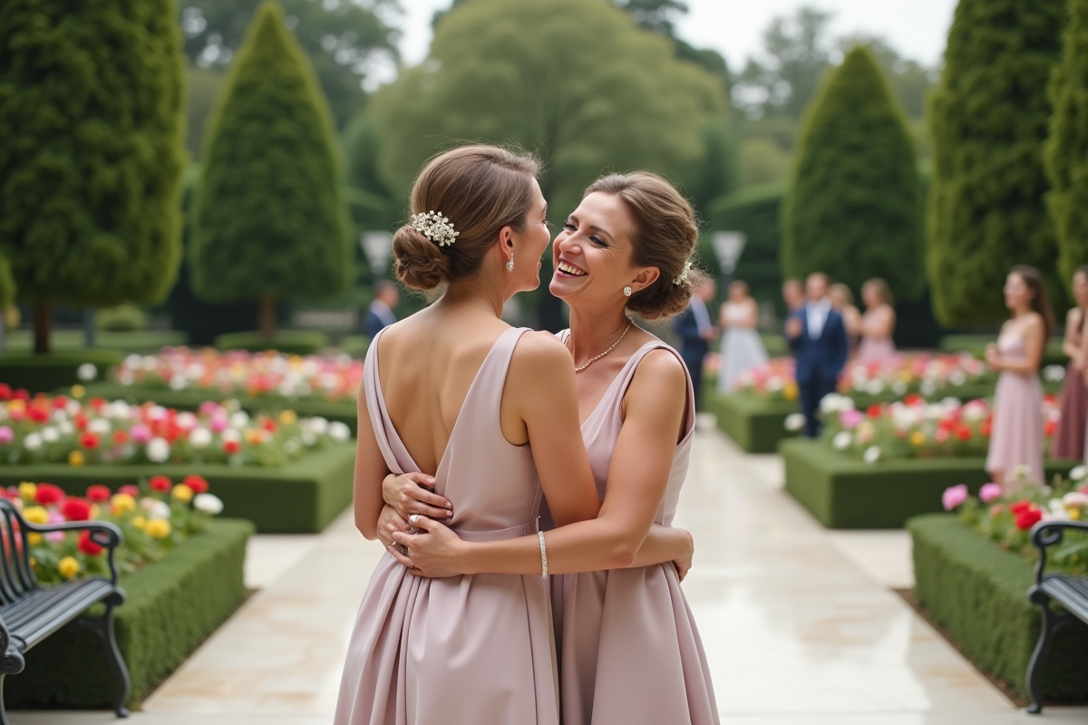 Deux femmes en robe pastel partageant une embrassade dans un jardin