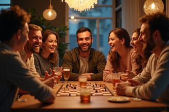 Groupe d'adultes souriants autour d'une table lors d'une fête intérieure