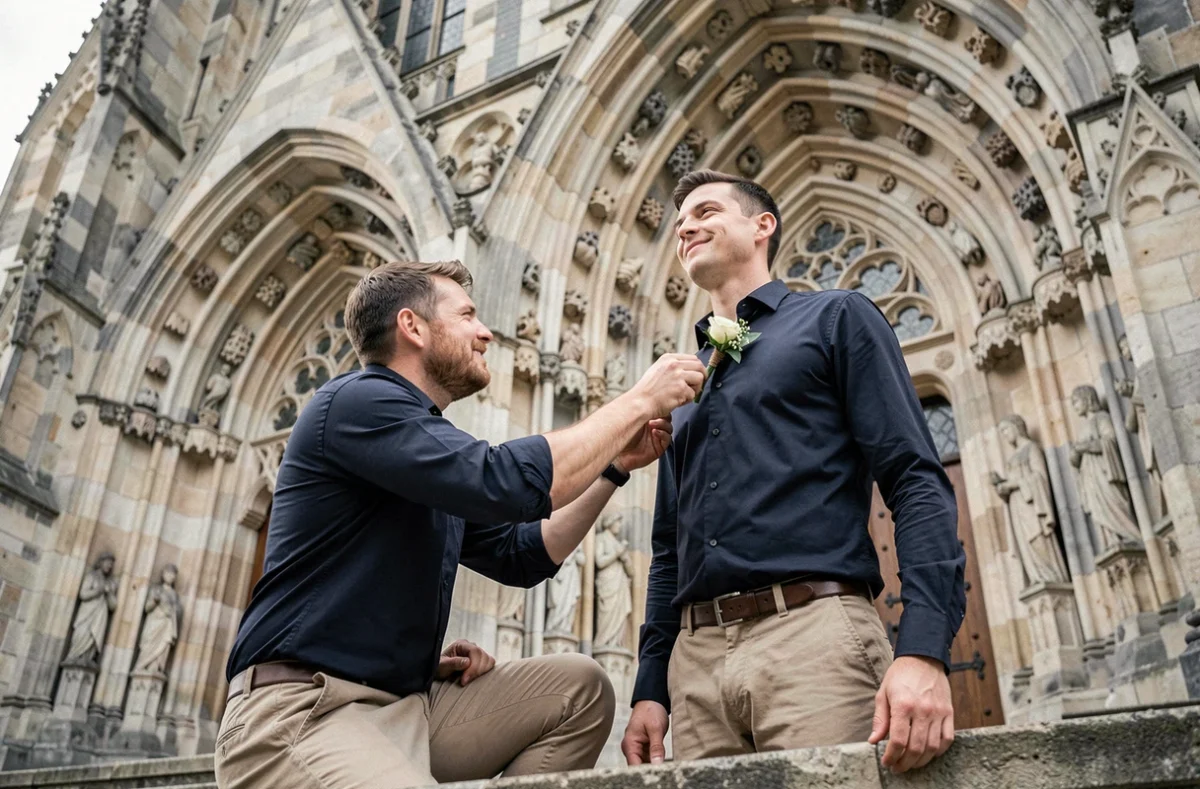 Fred Hermand, photographe de mariage, en action devant la cathédrale de Rouen pour un portrait de marié