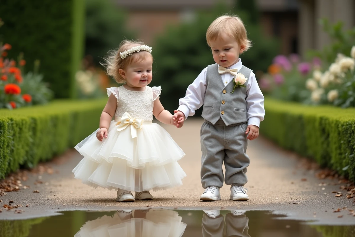 Garçon et fille en tenues de mariage dans un jardin