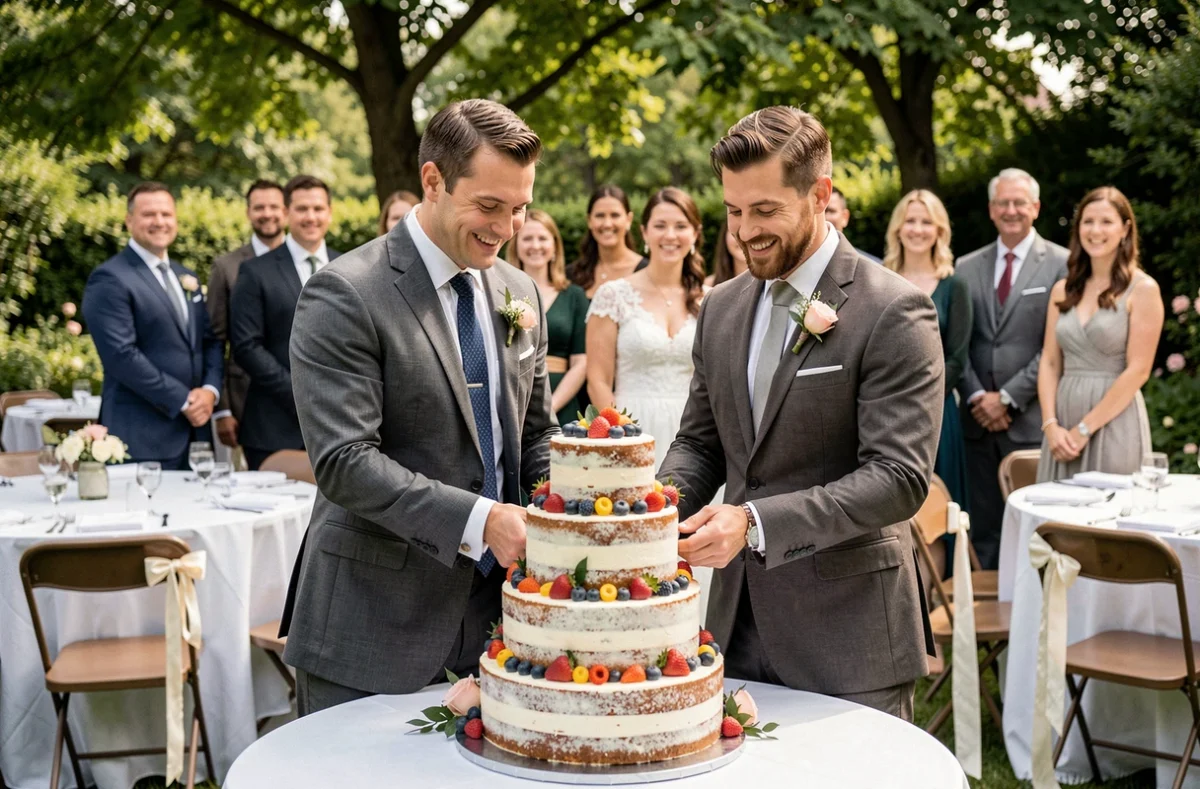 Couple marié coupant un wedding cake naked cake élégant lors d'un mariage en plein air avec invités souriants en arrière-plan
