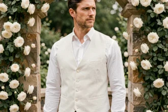 Homme en gilet blanc mariage avec boutons nacre et finitions soignées, devant un autel de jardin fleuri