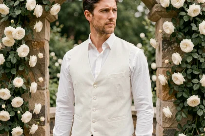 Homme en gilet blanc mariage avec boutons nacre et finitions soignées, devant un autel de jardin fleuri