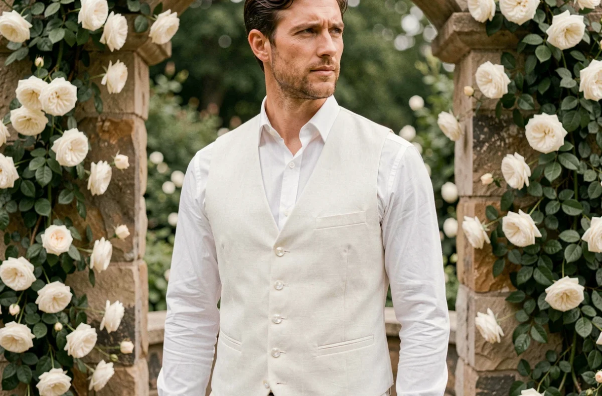 Homme en gilet blanc mariage avec boutons nacre et finitions soignées, devant un autel de jardin fleuri