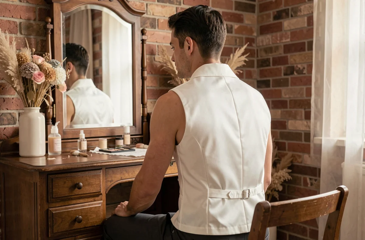 Marié en gilet blanc satiné col châle assis dans une salle de préparation rustique avec miroir vintage