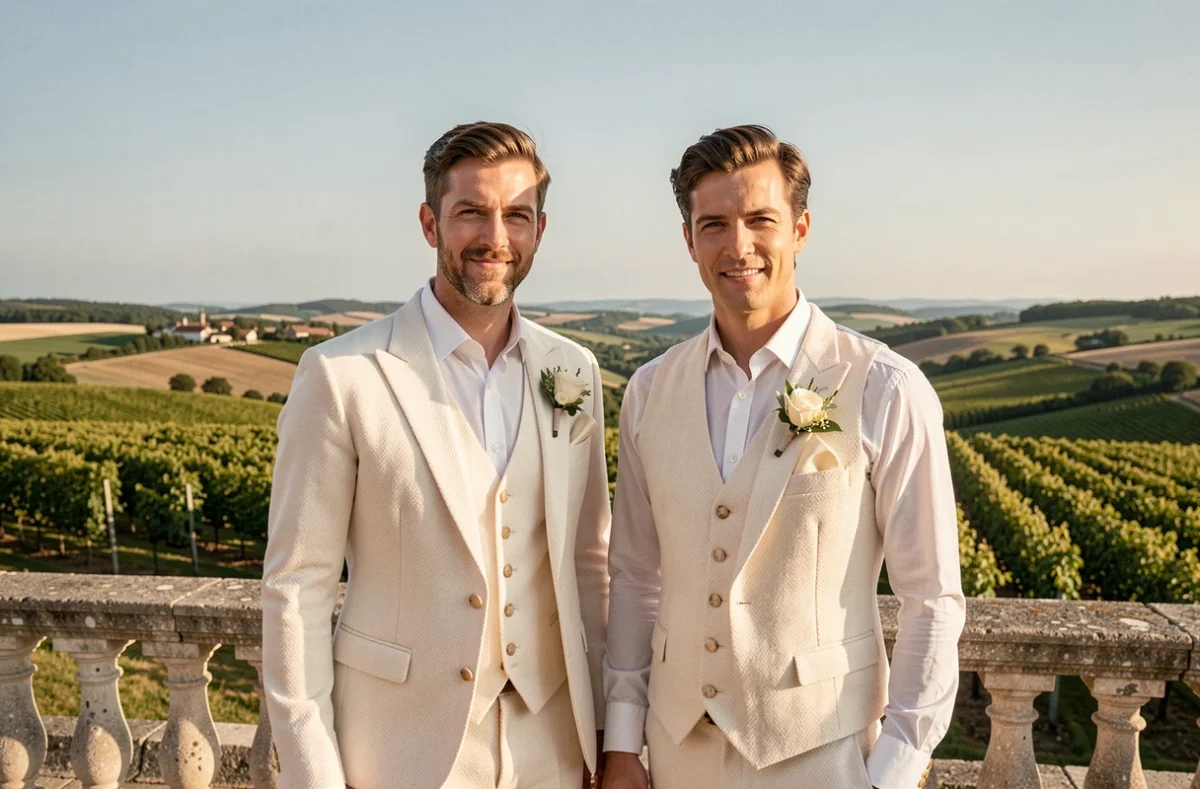 Deux mariés en gilet blanc tweed à chevrons sur terrasse en pierre d'un château avec vue sur vignoble