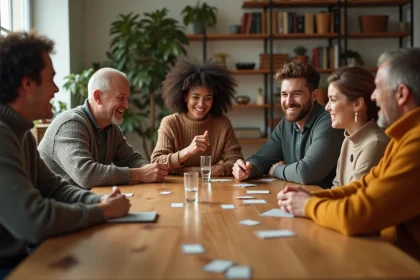 Groupe d'adultes jouant au jeu des douze mois autour d'une table en bois dans une ambiance conviviale et détendue
