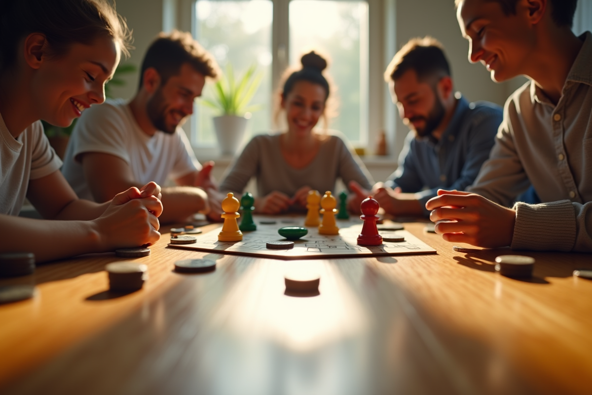 Groupe d'amis jouant à un jeu de société autour d'une table en bois