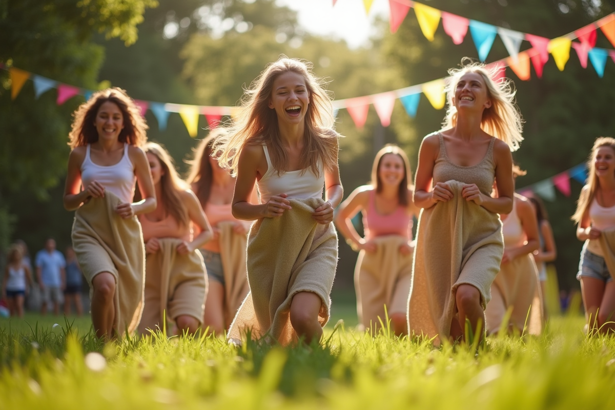 Groupe d'amis souriants participant à une course en sac en extérieur