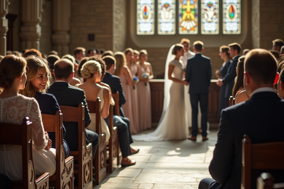 Invités regardant la cérémonie dans une chapelle ancienne