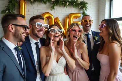 Groupe de mariés joyeux en photobooth festif